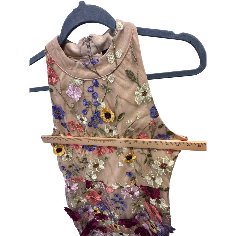 Bebe Mock Neck Sleeveless Statement Dress Nude Multi 3D Floral Embroidered L - Picture 6 of 9